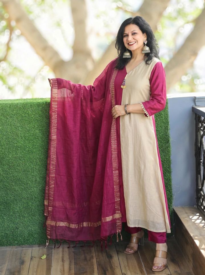 Parineeti Beige with Wine Panel Style Mul Chanderi 3 Piece Set