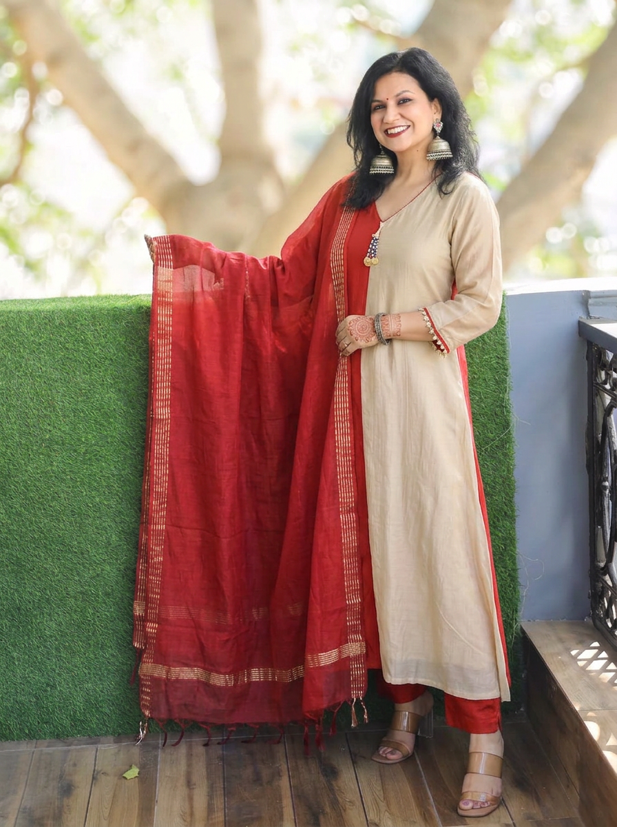Parineeti Beige with Rust Panel Style Mul Chanderi 3 Piece Set