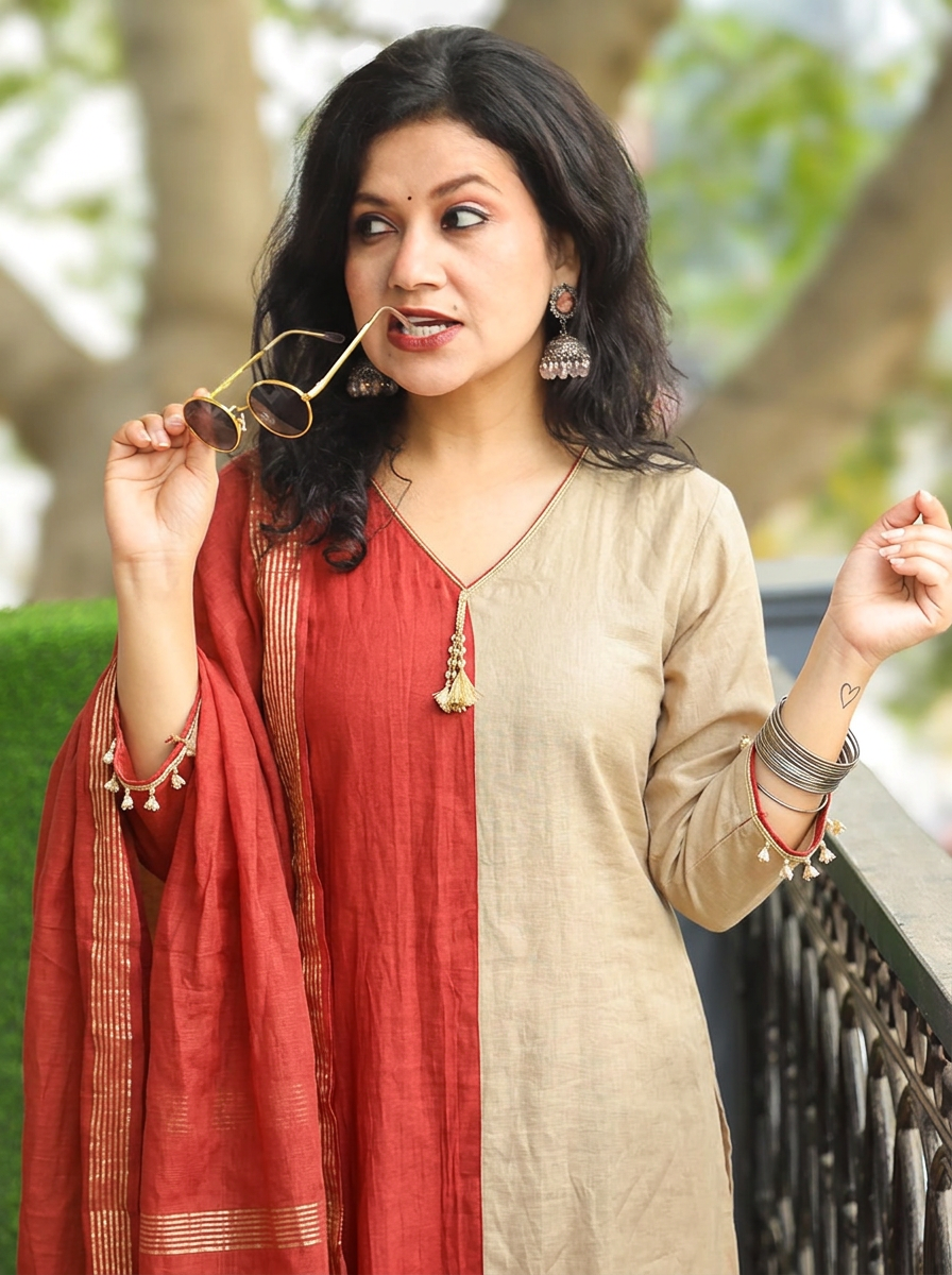 Parineeti Beige with Rust Panel Style Mul Chanderi 3 Piece Set