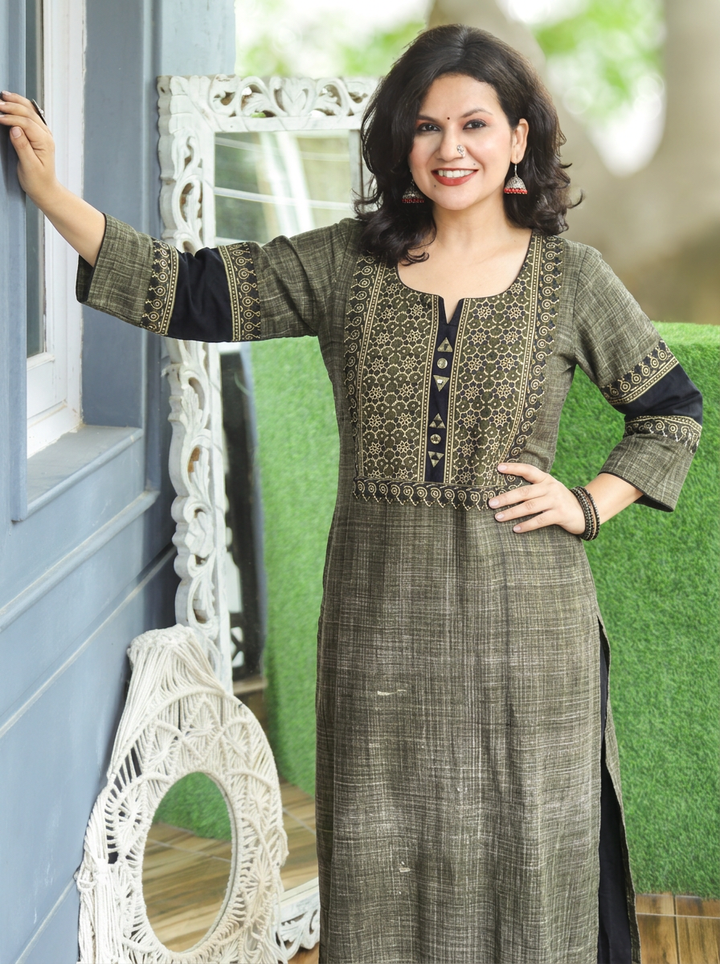 Mihika Mehendi Green Ajrakh Yoke Brush Print 2 Piece Set