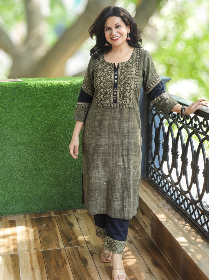 Mihika Mehendi Green Ajrakh Yoke Brush Print 2 Piece Set