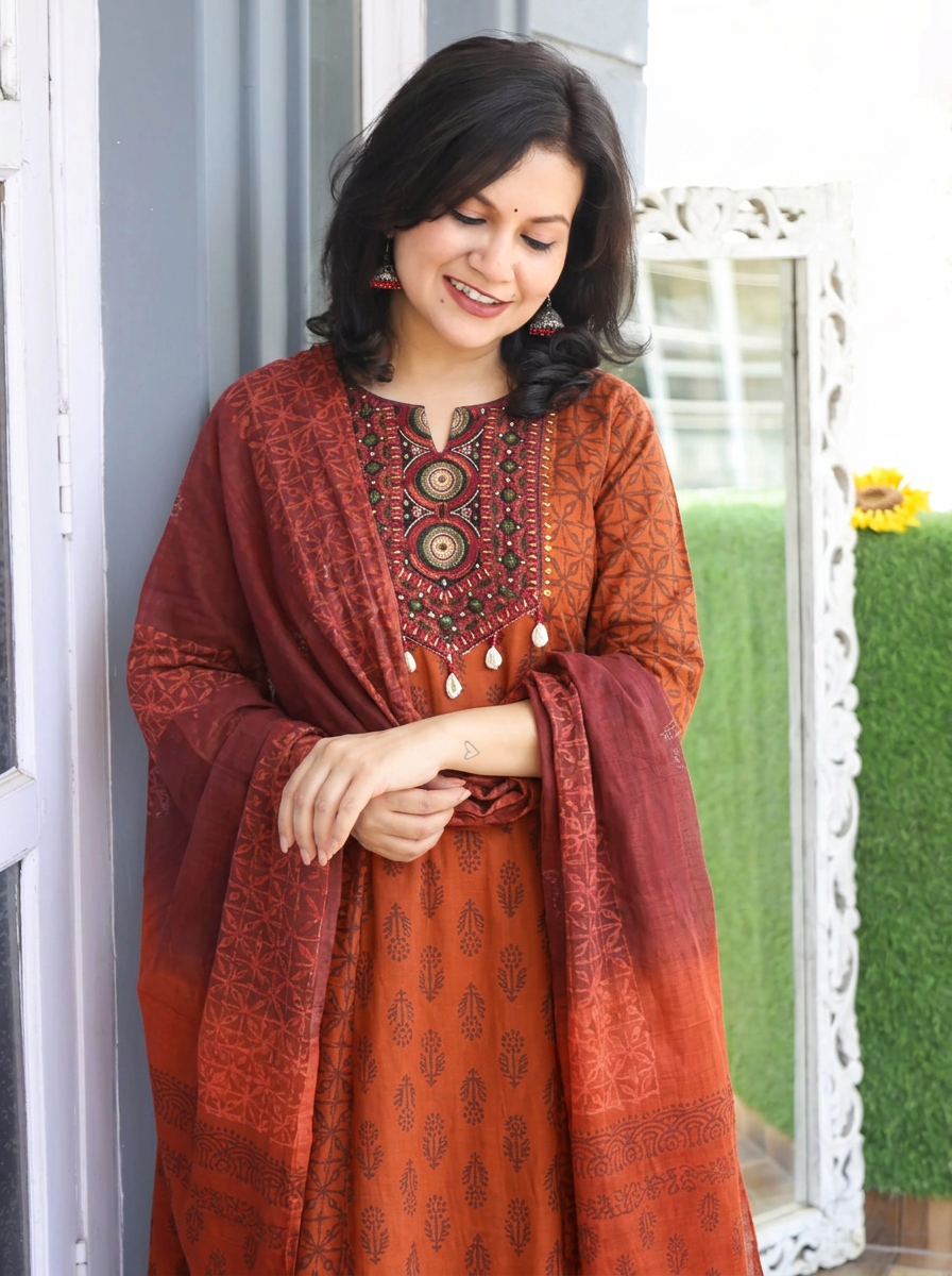 Sharmili Rust Orange Embrioidered Yoke Cotton 3 Piece Set