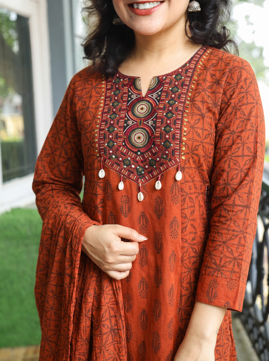 Sharmili Rust Orange Embrioidered Yoke Cotton 3 Piece Set