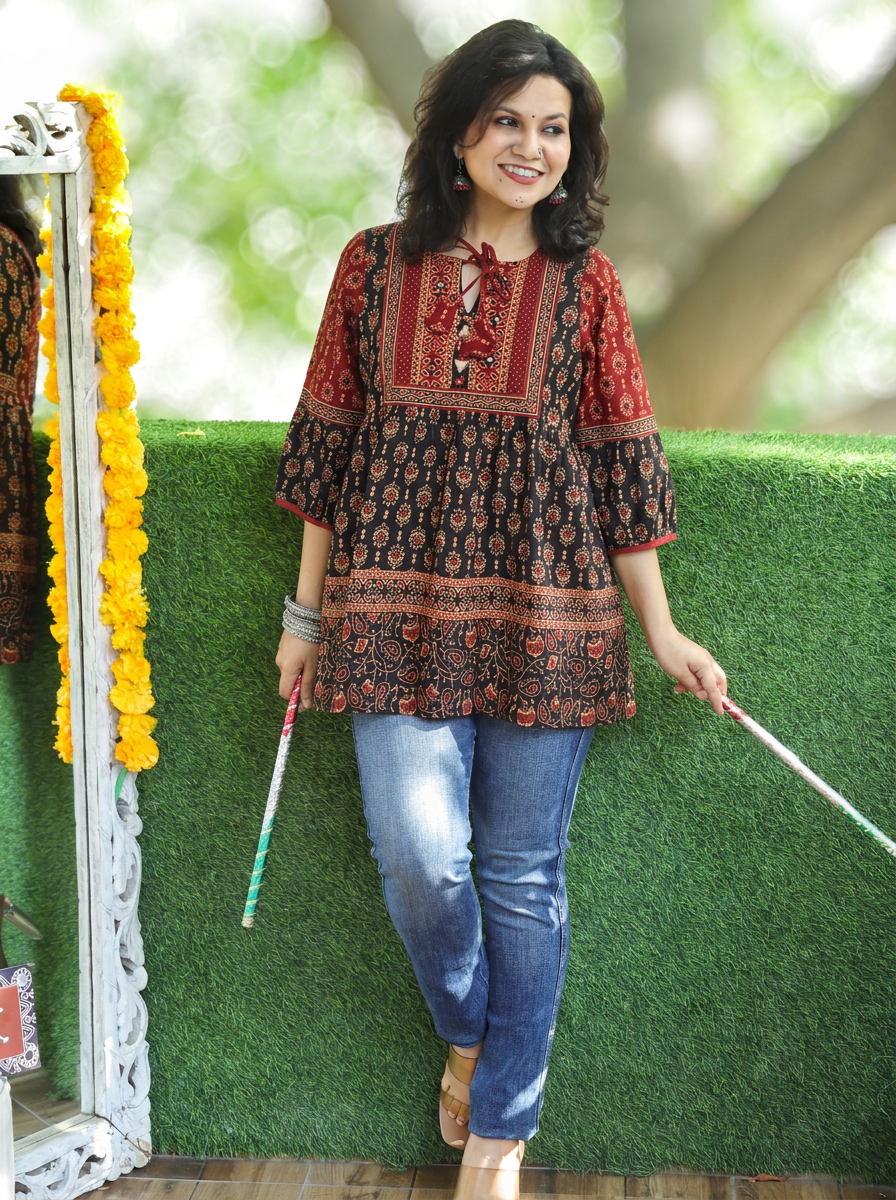 Damini Ebony Black Kutch Yoke Ajrak Print Peplum Short Cotton Kurti
