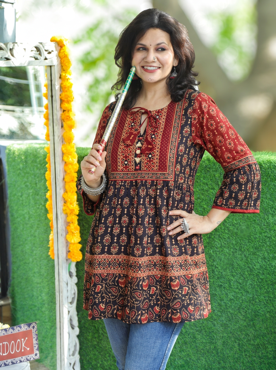Damini Ebony Black Kutch Yoke Ajrak Print Peplum Short Cotton Kurti