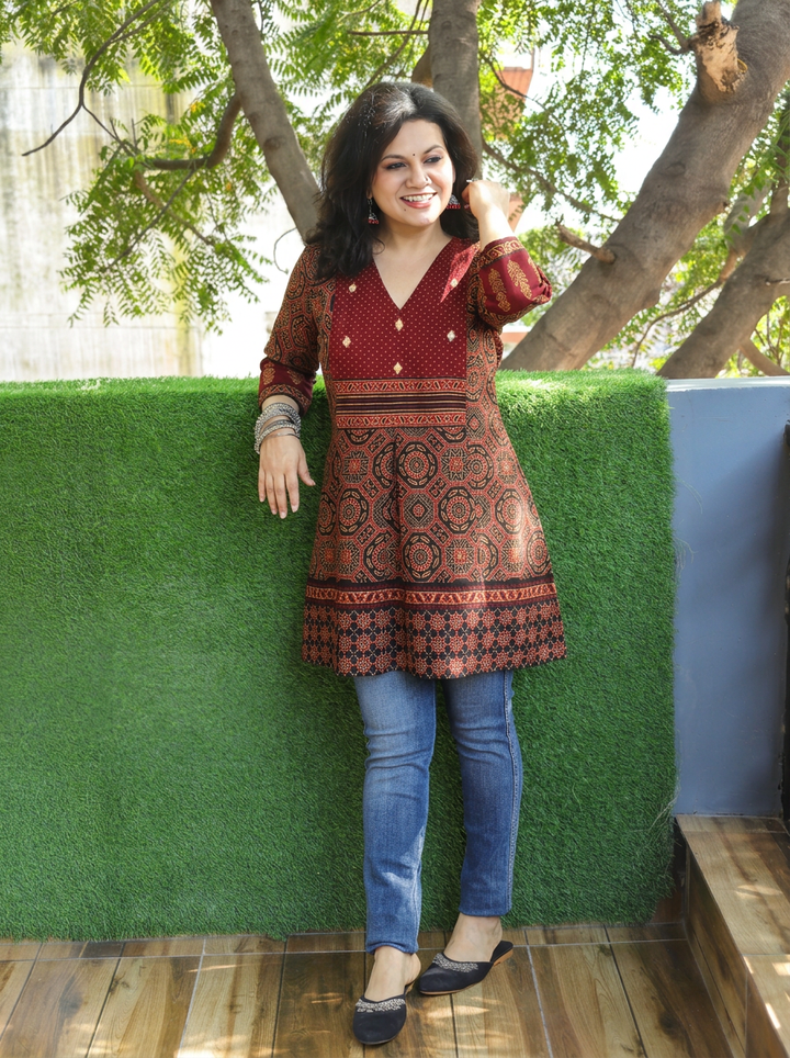 Madhvi Maroon Red Ajrak Printed Panel Style Short Kurti