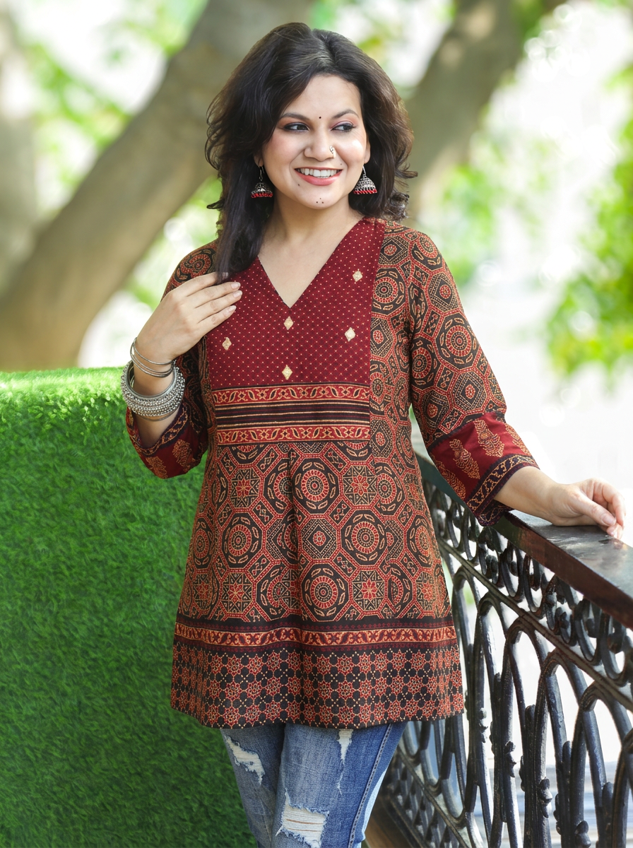 Madhvi Maroon Red Ajrak Printed Panel Style Short Kurti