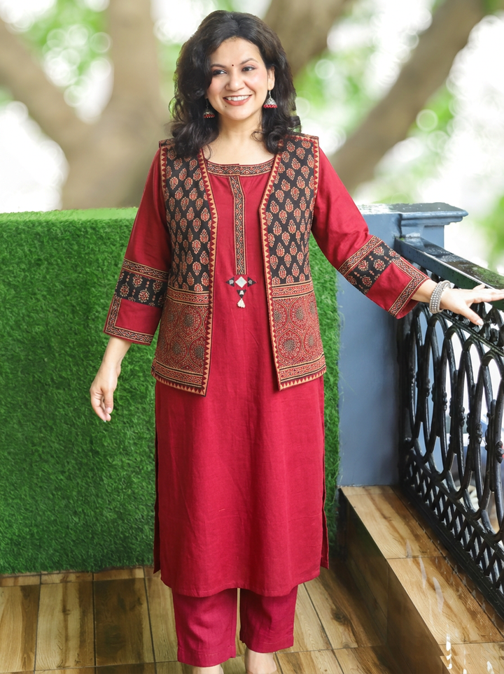 Sanjj Berry Red Co-ord Set with Gamthi Print Jacket