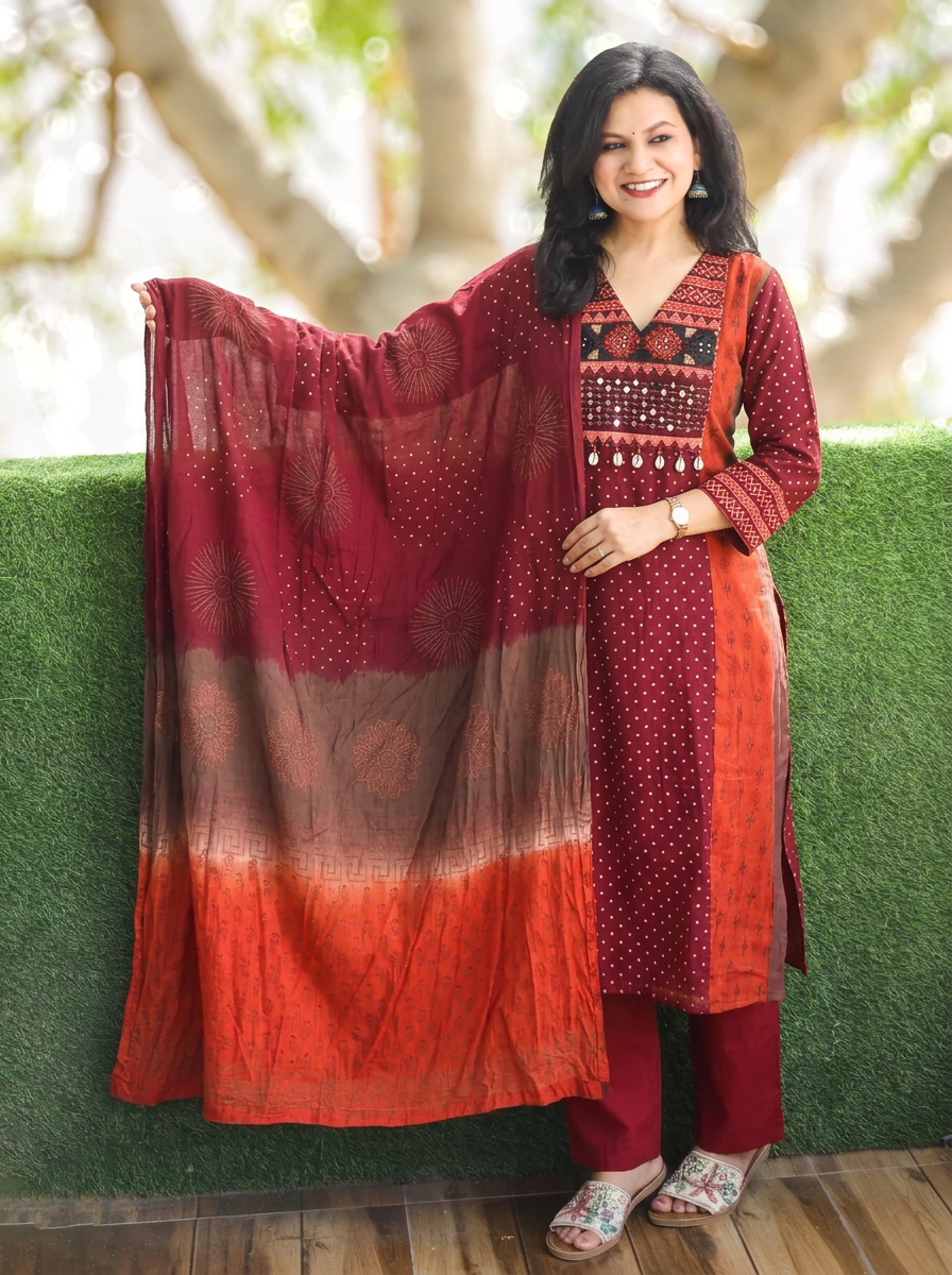 Sharmili Orange Panel Style Embroidered Mul Chanderi 3 Piece Set