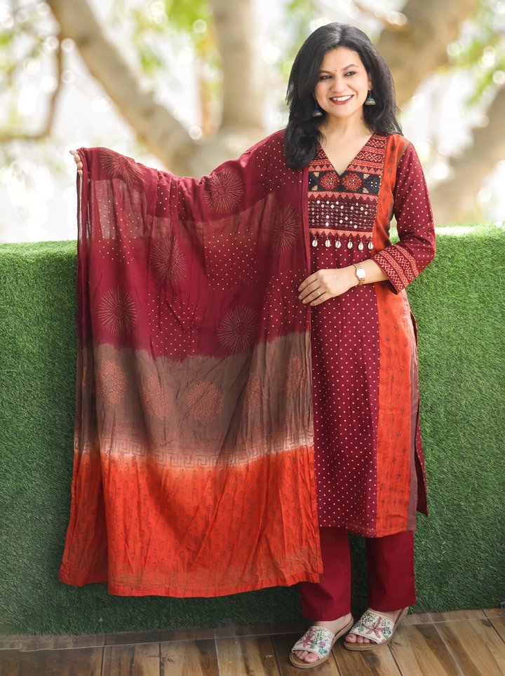 Sharmili Orange Panel Style Embroidered Mul Chanderi 3 Piece Set