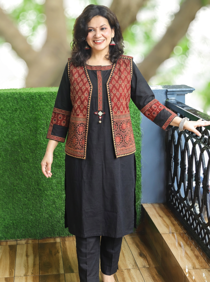 Sanjj Ebony Black Co-ord Set with Gamthi Print Jacket