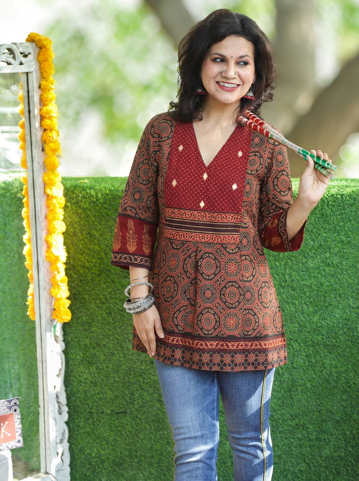 Madhvi Maroon Red Ajrak Printed Panel Style Short Kurti
