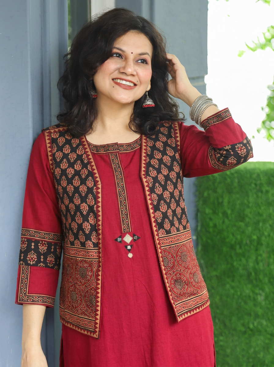 Sanjj Berry Red Co-ord Set with Gamthi Print Jacket