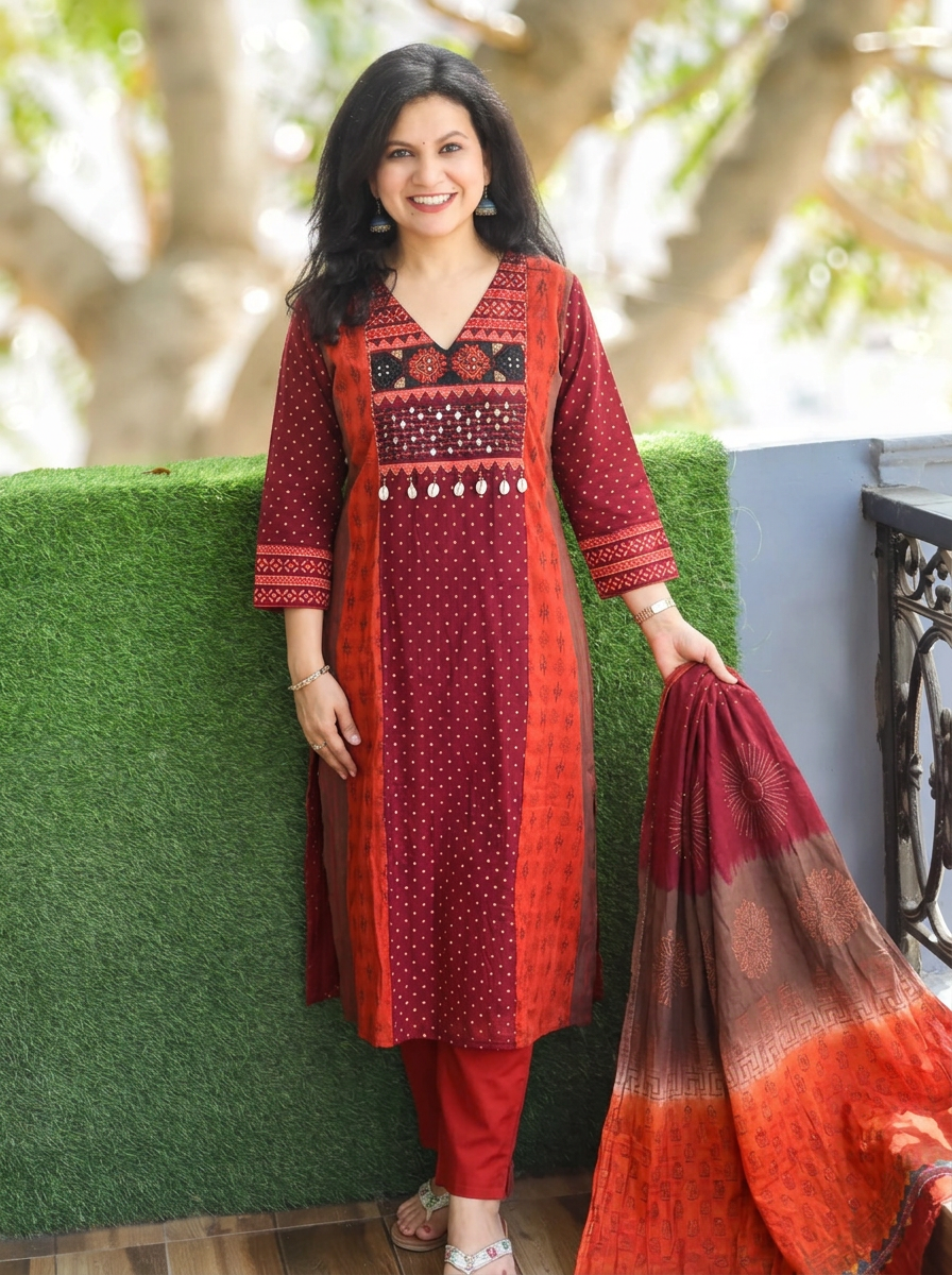 Sharmili Orange Panel Style Embroidered Mul Chanderi 3 Piece Set