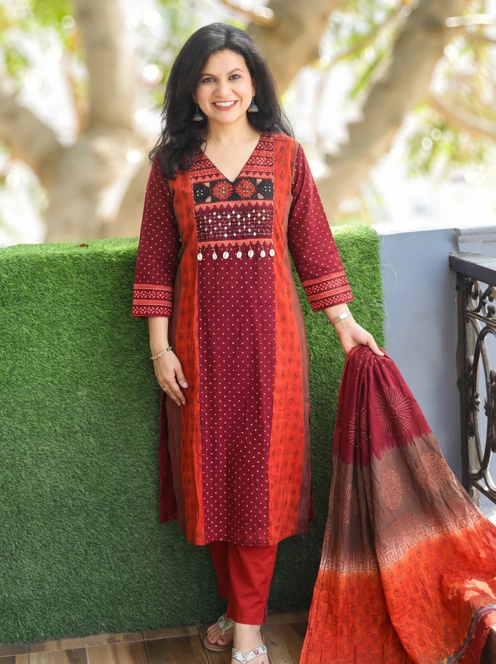 Sharmili Orange Panel Style Embroidered Mul Chanderi 3 Piece Set