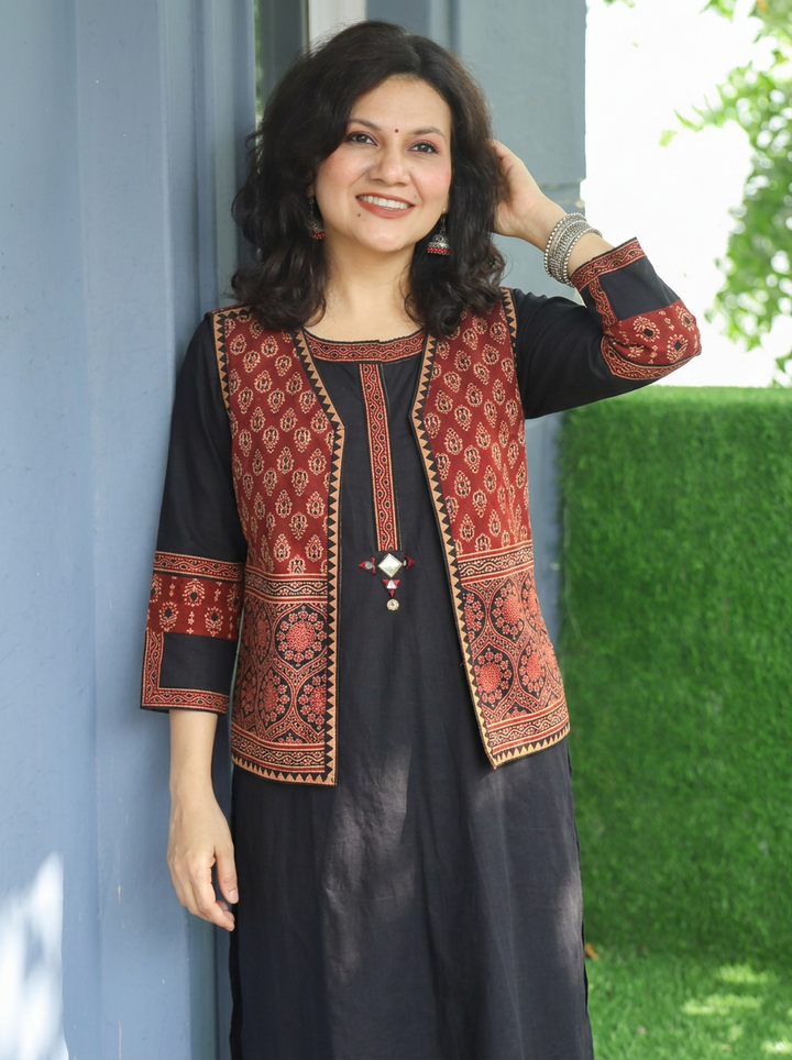 Sanjj Ebony Black Co-ord Set with Gamthi Print Jacket