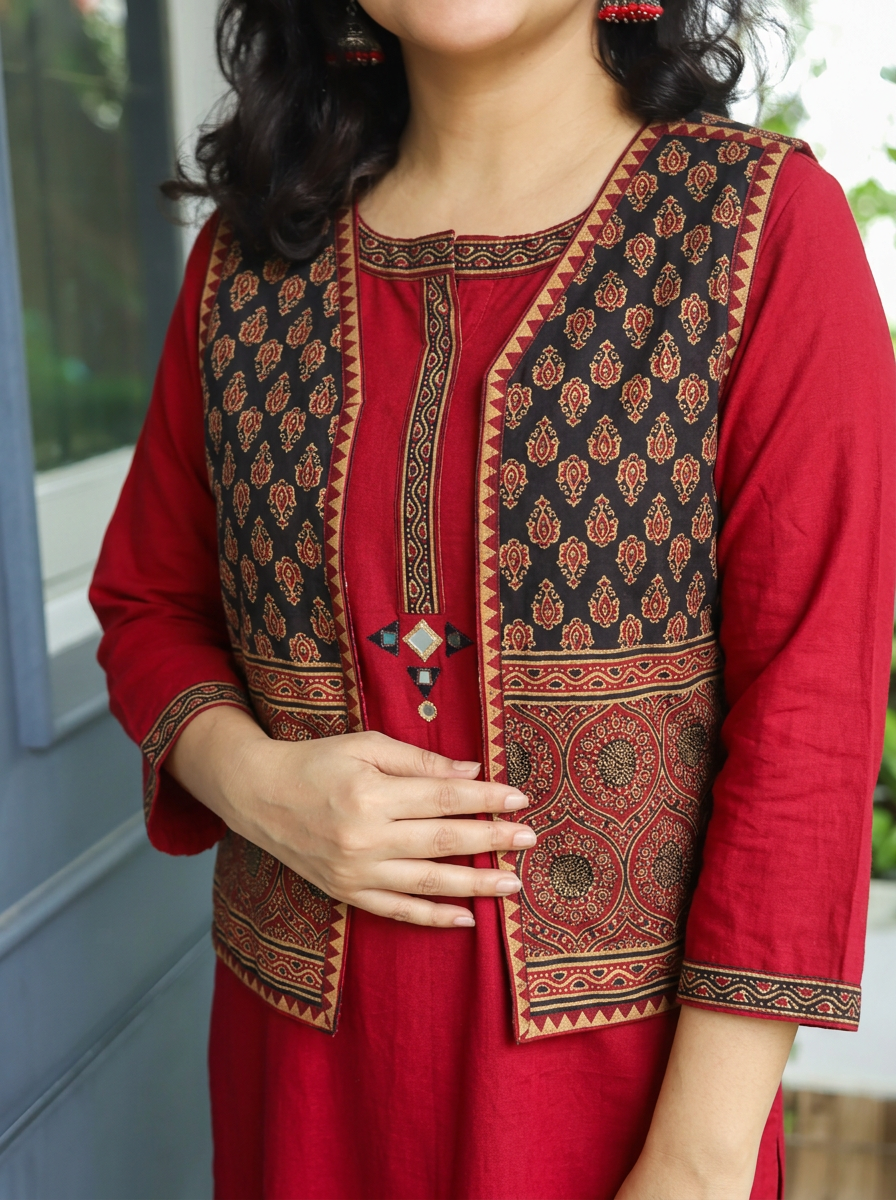 Sanjj Berry Red Co-ord Set with Gamthi Print Jacket