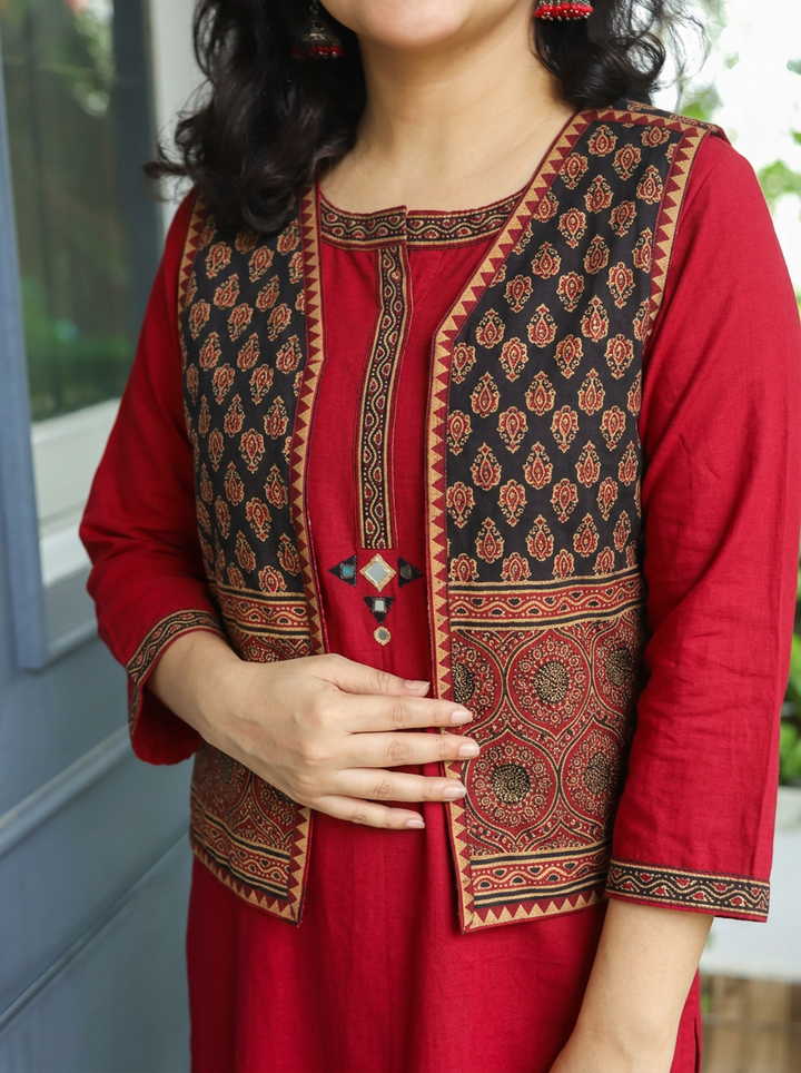 Sanjj Berry Red Co-ord Set with Gamthi Print Jacket