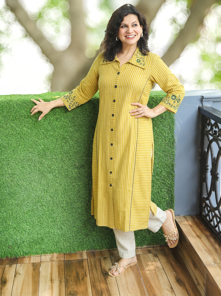 Kiara Yellow Embroiderd Work Button Down Cotton Kurti