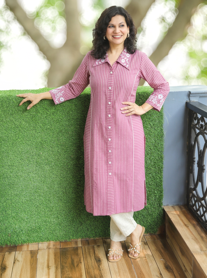 Kiara Pink Embroiderd Work Button Down Cotton Kurti