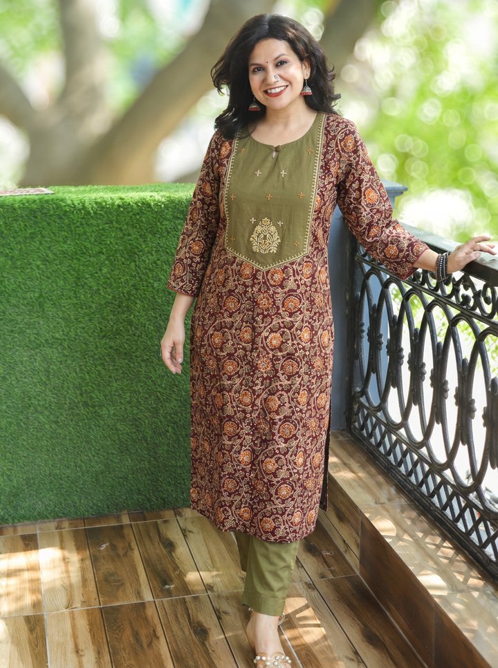 Advika Green Yoke with Maroon Kalamkari Print Cotton 2 Piece Set