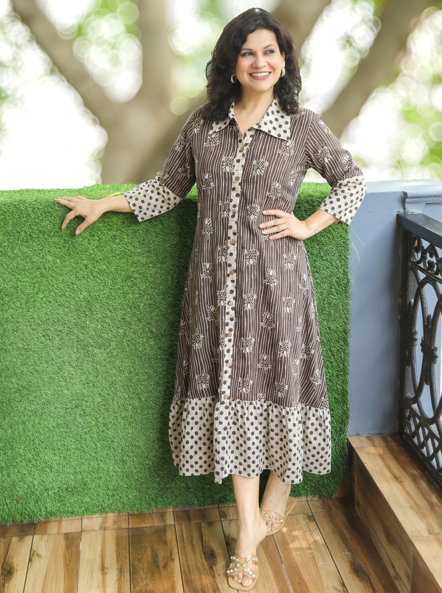 Asya Latte Tan Beige Dabu Printed Button Down Cotton Dress