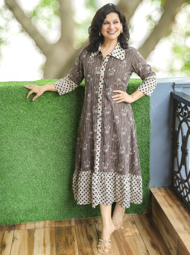 Asya Latte Tan Beige Dabu Printed Button Down Cotton Dress