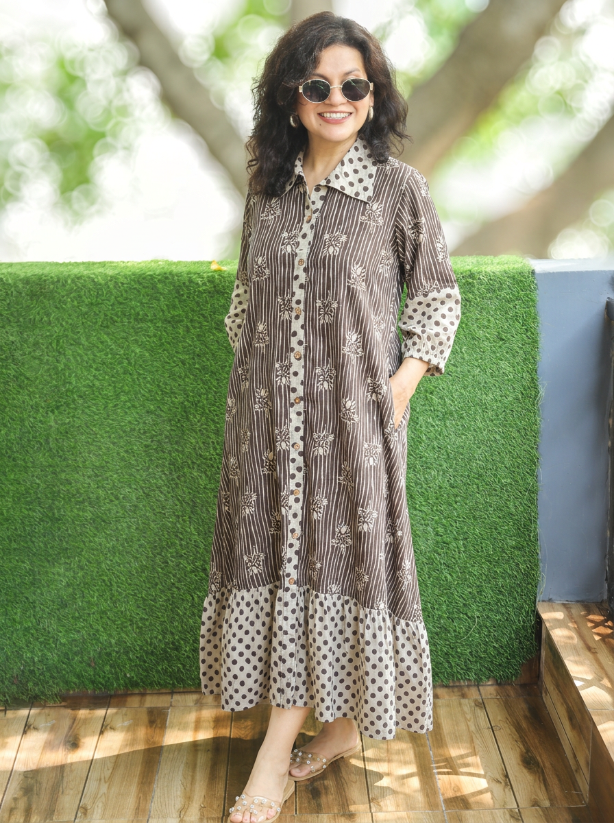 Asya Latte Tan Beige Dabu Printed Button Down Cotton Dress