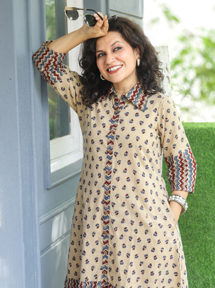 Asya Sand Beige Beige Ajrak Printed Button Down Cotton Dress