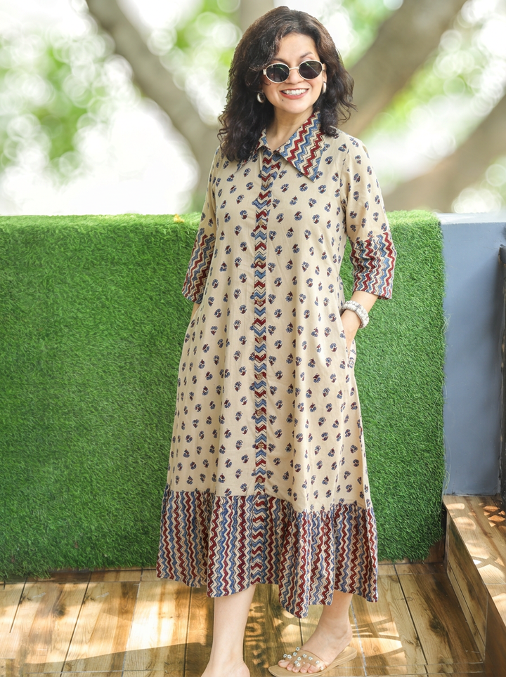 Asya Sand Beige Beige Ajrak Printed Button Down Cotton Dress