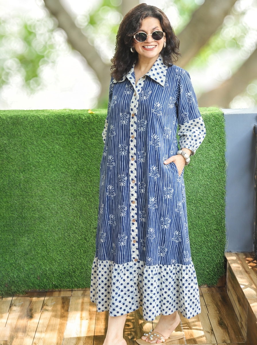 Asya Stone Blue Dabu Printed Button Down Cotton Dress