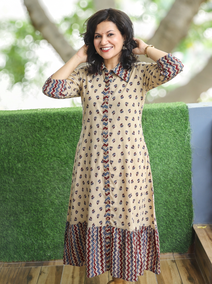 Asya Sand Beige Beige Ajrak Printed Button Down Cotton Dress