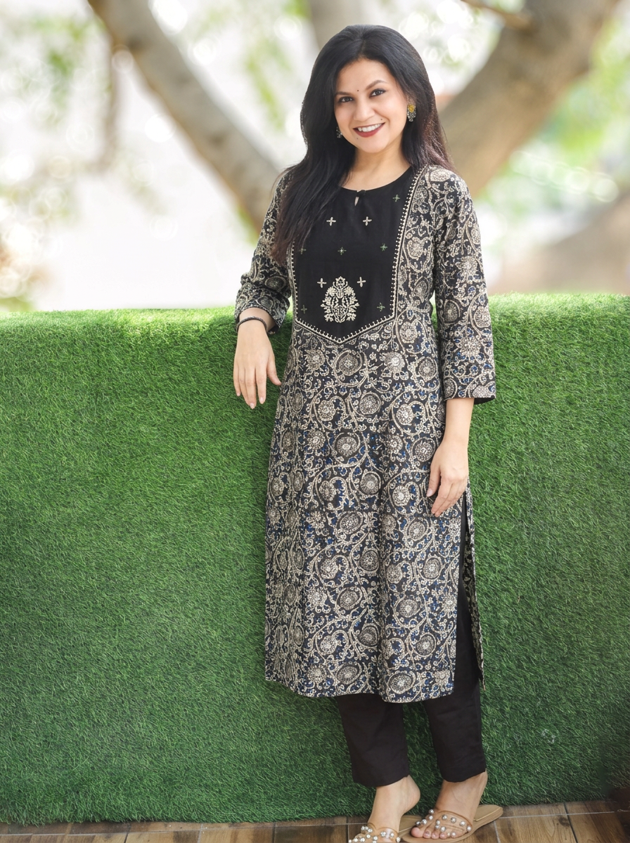 Advika Black Yoke with Kalmakari Print Cotton 2 Piece Set
