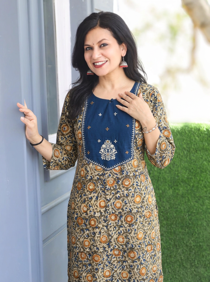 Advika Blue Yoke with Green Kalamkari Print Cotton 2 Piece Set