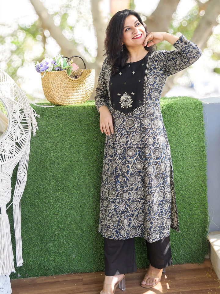 Advika Black Yoke with Kalmakari Print Cotton 2 Piece Set