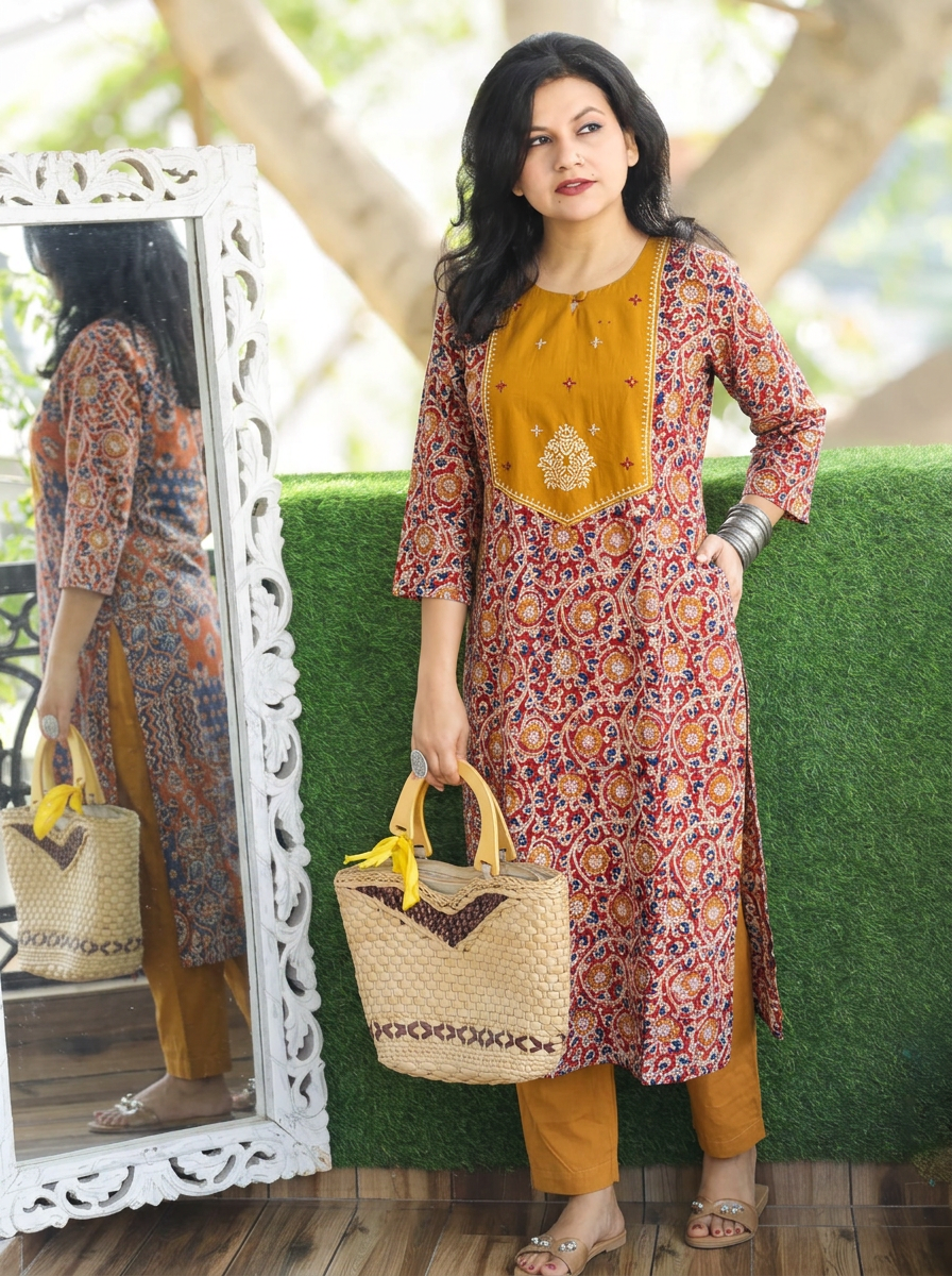 Advika Yellow Yoke with Maroon Kalamkari Print Cotton 2 Piece Set