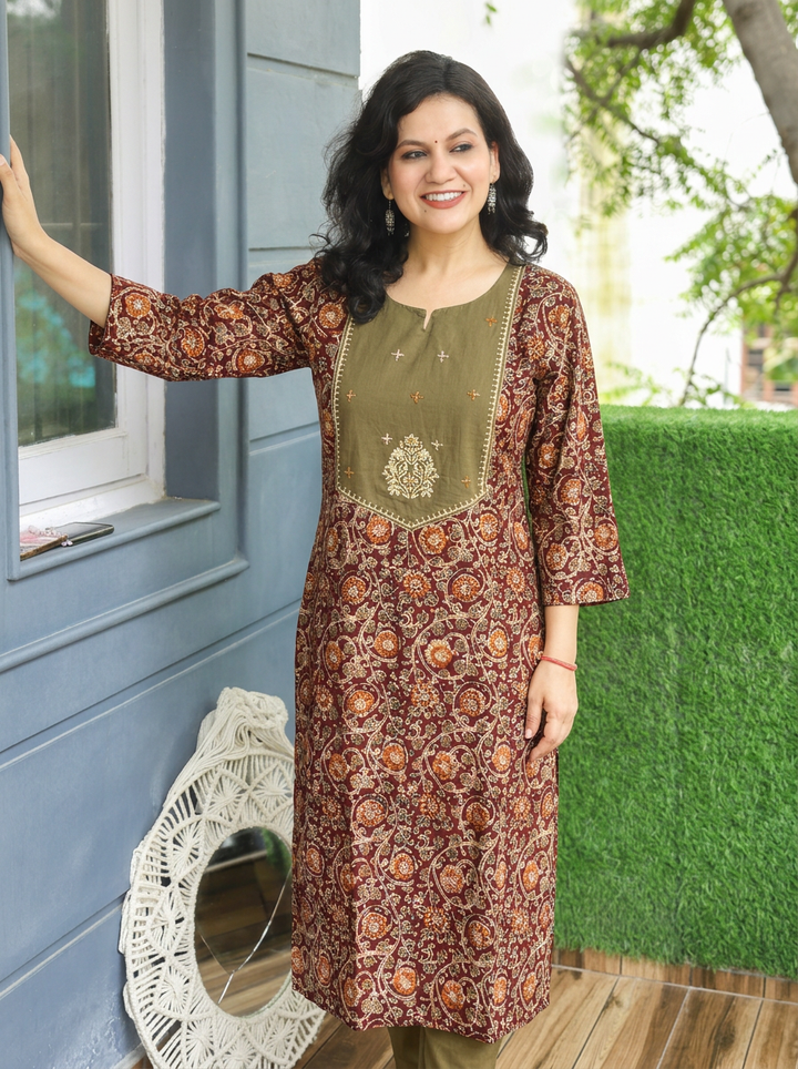 Advika Green Yoke with Maroon Kalamkari Print Cotton 2 Piece Set