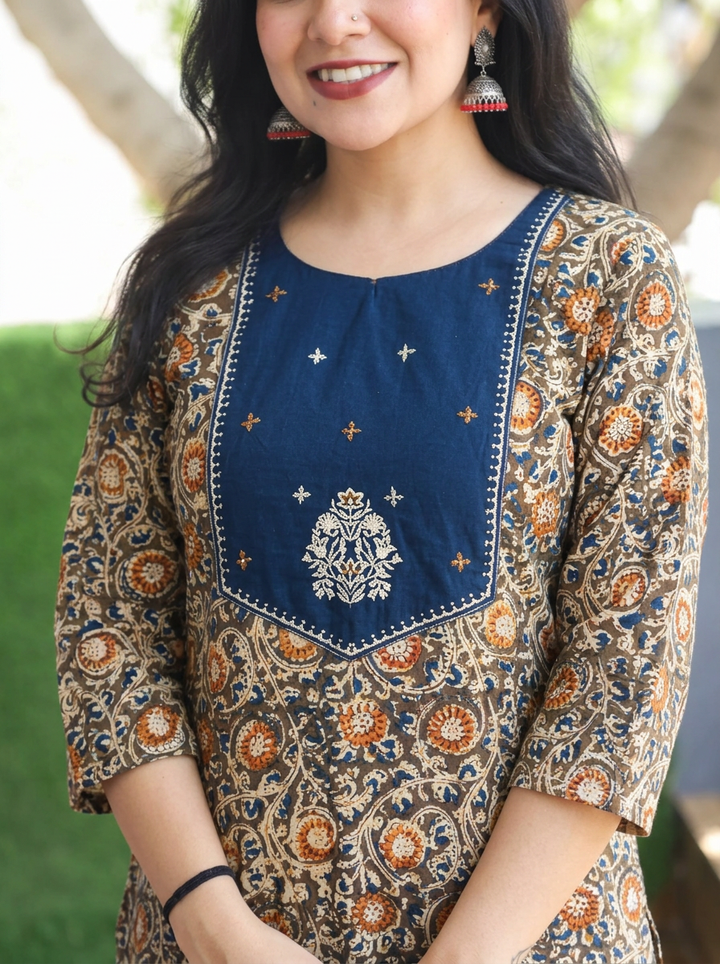 Advika Blue Yoke with Green Kalamkari Print Cotton 2 Piece Set
