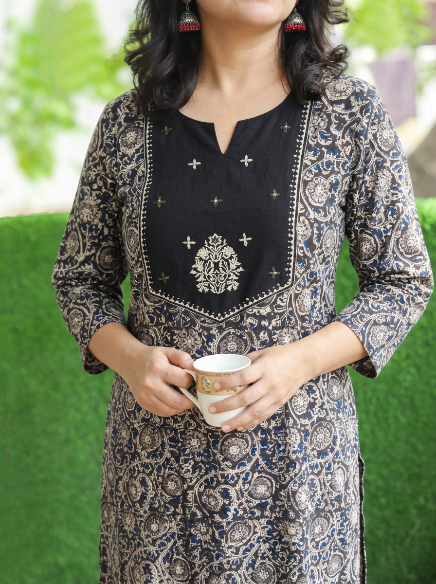 Advika Black Yoke with Kalmakari Print Cotton 2 Piece Set