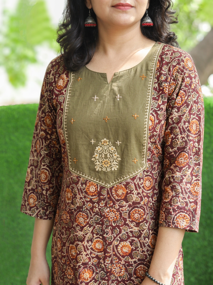 Advika Green Yoke with Maroon Kalamkari Print Cotton 2 Piece Set