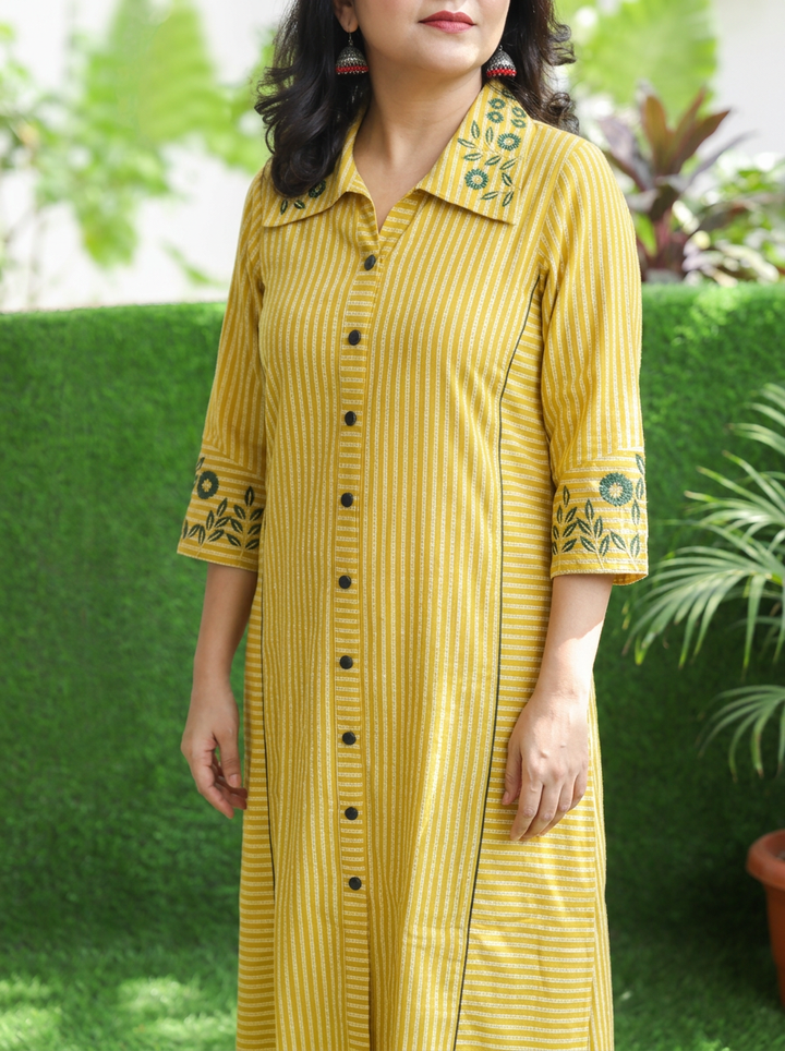 Kiara Yellow Embroiderd Work Button Down Cotton Kurti