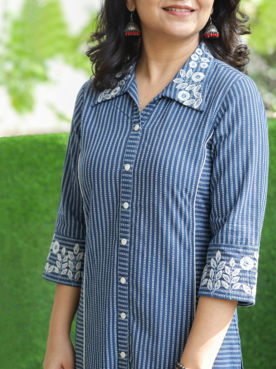 Kiara Blue Embroiderd Work Button Down Cotton Kurti