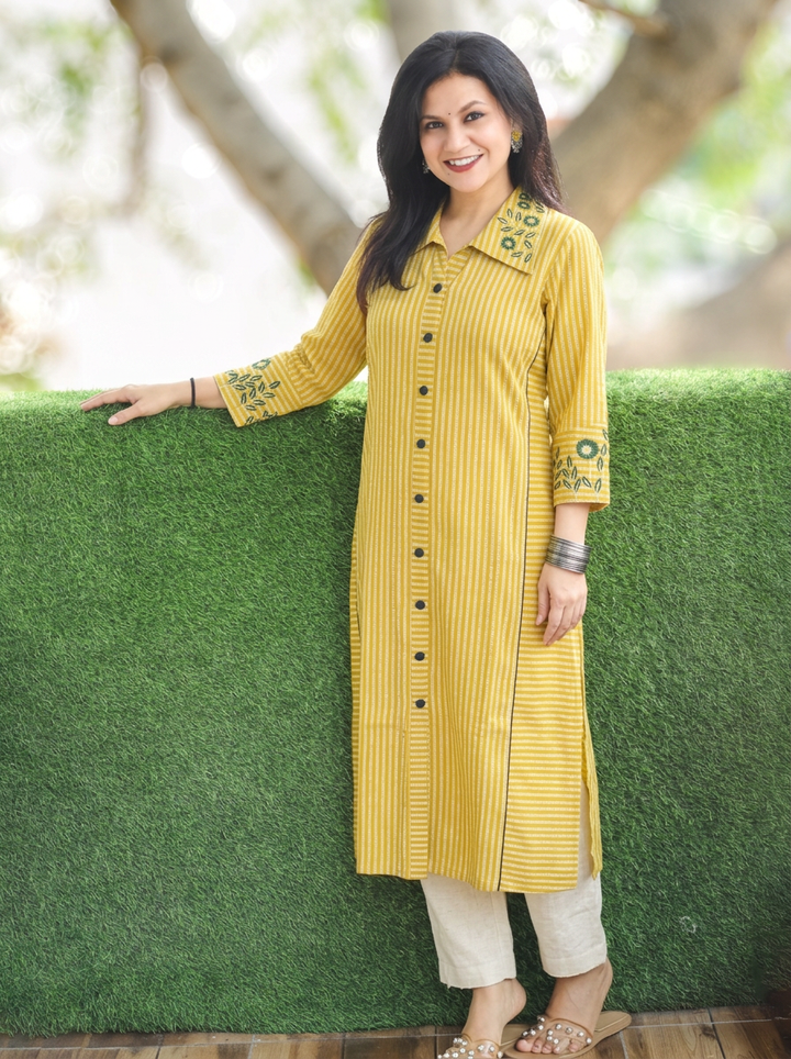 Kiara Yellow Embroiderd Work Button Down Cotton Kurti
