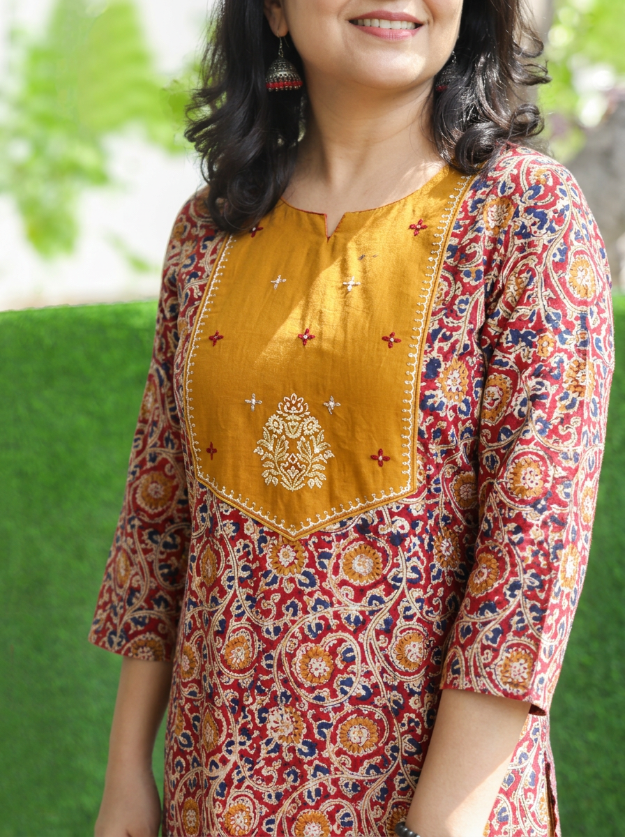Advika Yellow Yoke with Maroon Kalamkari Print Cotton 2 Piece Set
