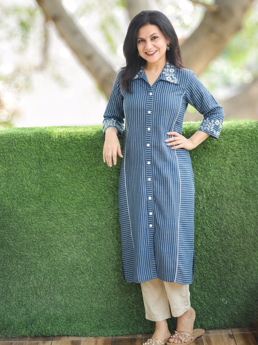 Kiara Blue Embroiderd Work Button Down Cotton Kurti
