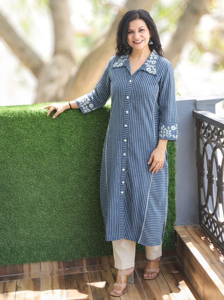 Kiara Blue Embroiderd Work Button Down Cotton Kurti