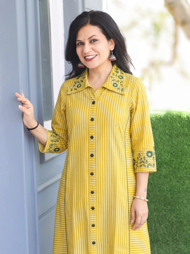 Kiara Yellow Embroiderd Work Button Down Cotton Kurti