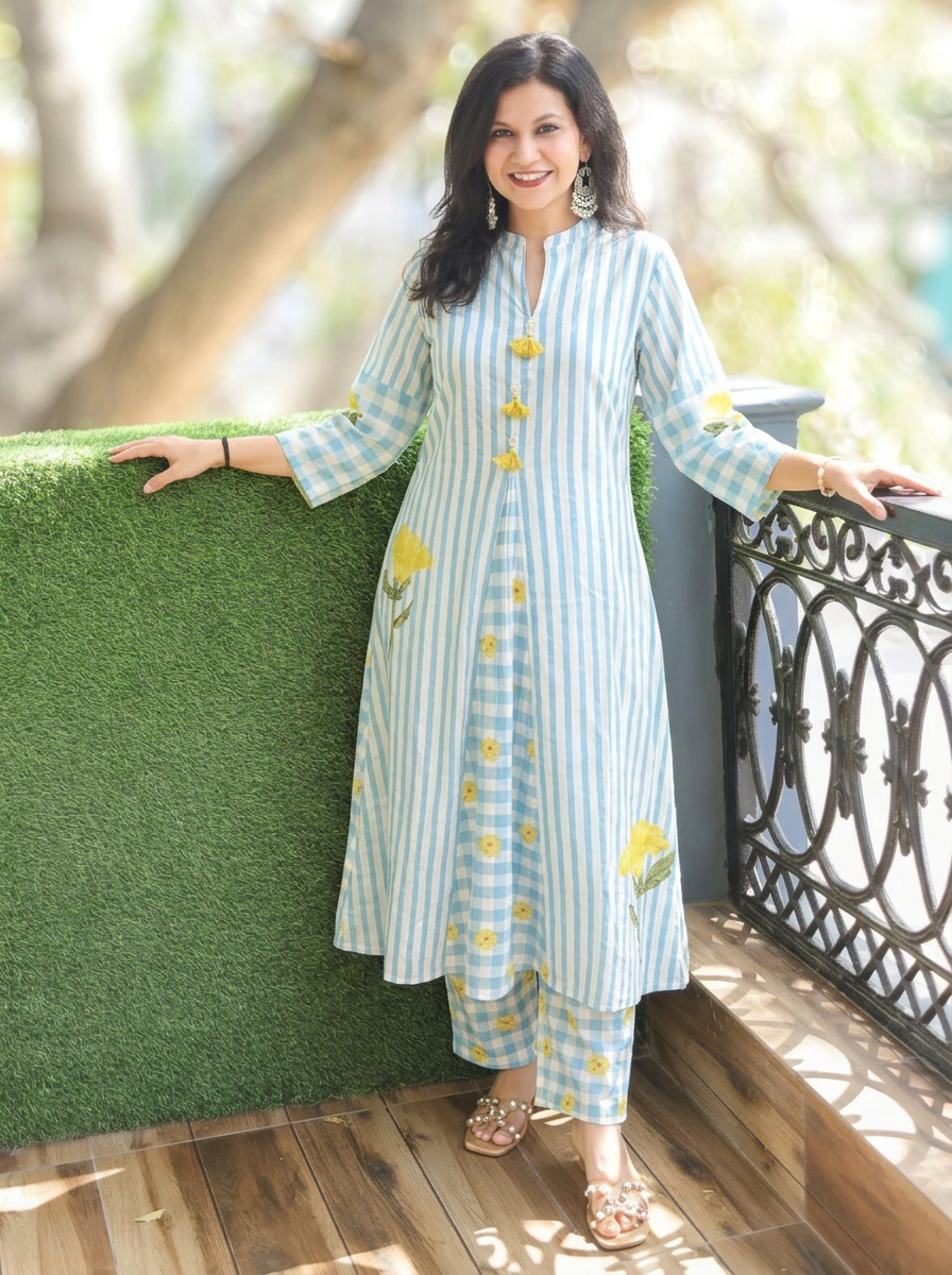 Mahi Powder Blue Ban Collar Stripe Print Co-ord Set