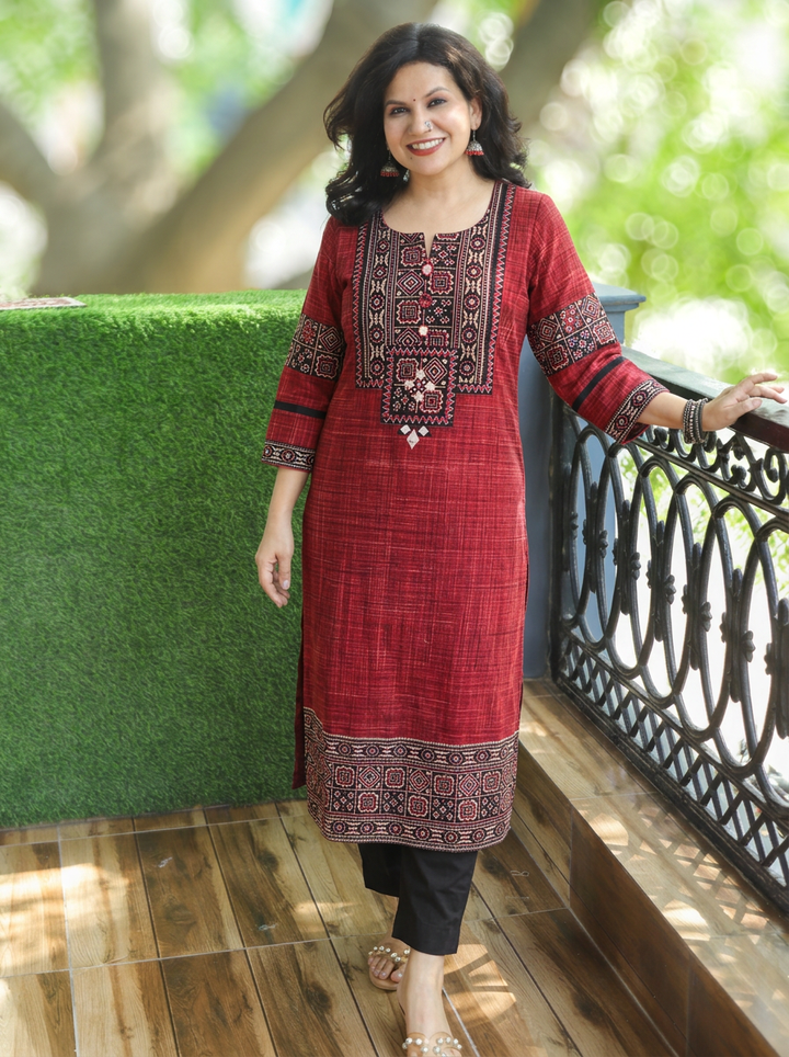 Zariya Cranberry Red Ajrakh Yoke Brush Painted Cotton Kurti