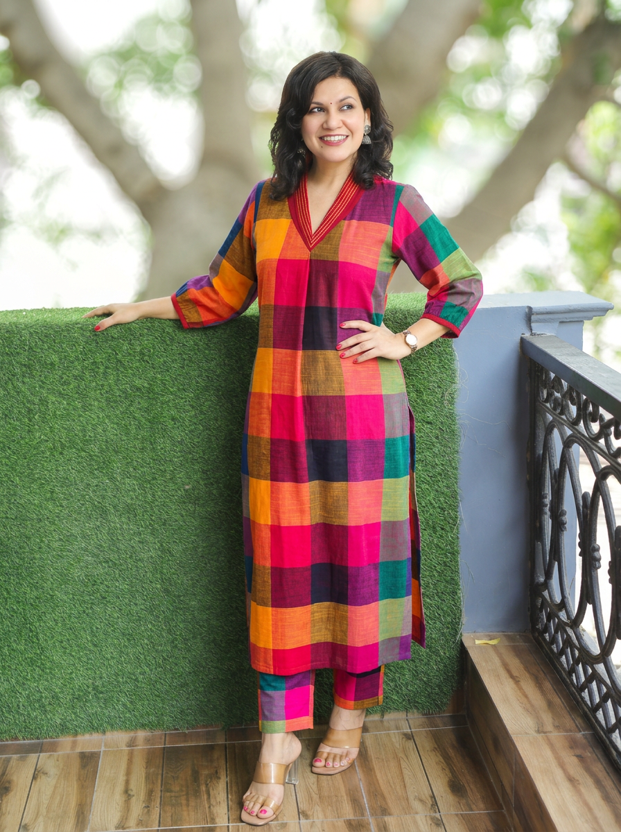 Madhura Pink Multi Color Madras Check South Cotton Co-ord Set